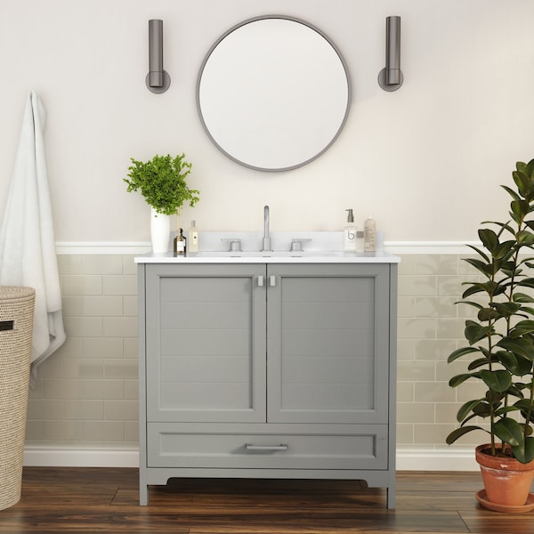 Flash Furniture Haven 36 Inch Bathroom Vanity w/Sink, Storage Cabinet w/Soft Close Doors and Bottom Drawer, Gray FS-BN-4-36-KD-GY-GG - main